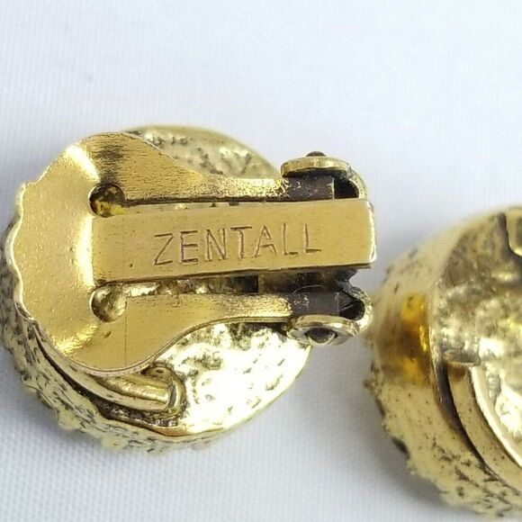 Vintage Zentall Round Rhinestone Clip On Earrings, Gold Tone Halo Signed - Picture 5 of 8